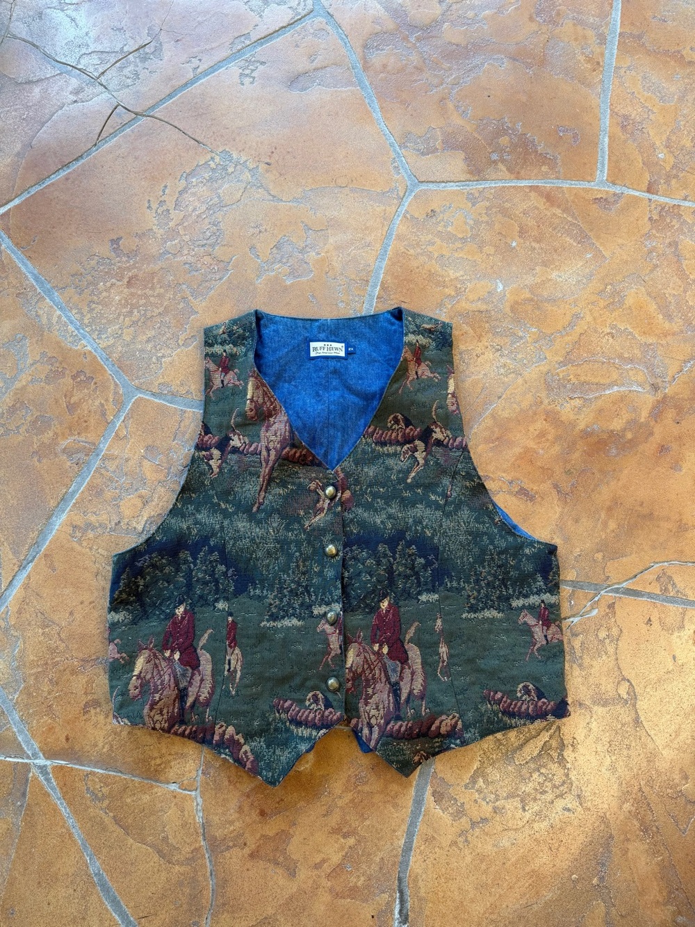 Vintage Ruff Hewn Tapestry Vest w/ Equestrian Fox Hunting Scene Women’s 2x